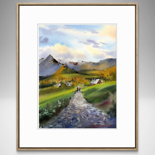 Morning over the Tatras Original Watercolor, Mountain Road Landscape Art, Morning over the Tatras 9x12 in
