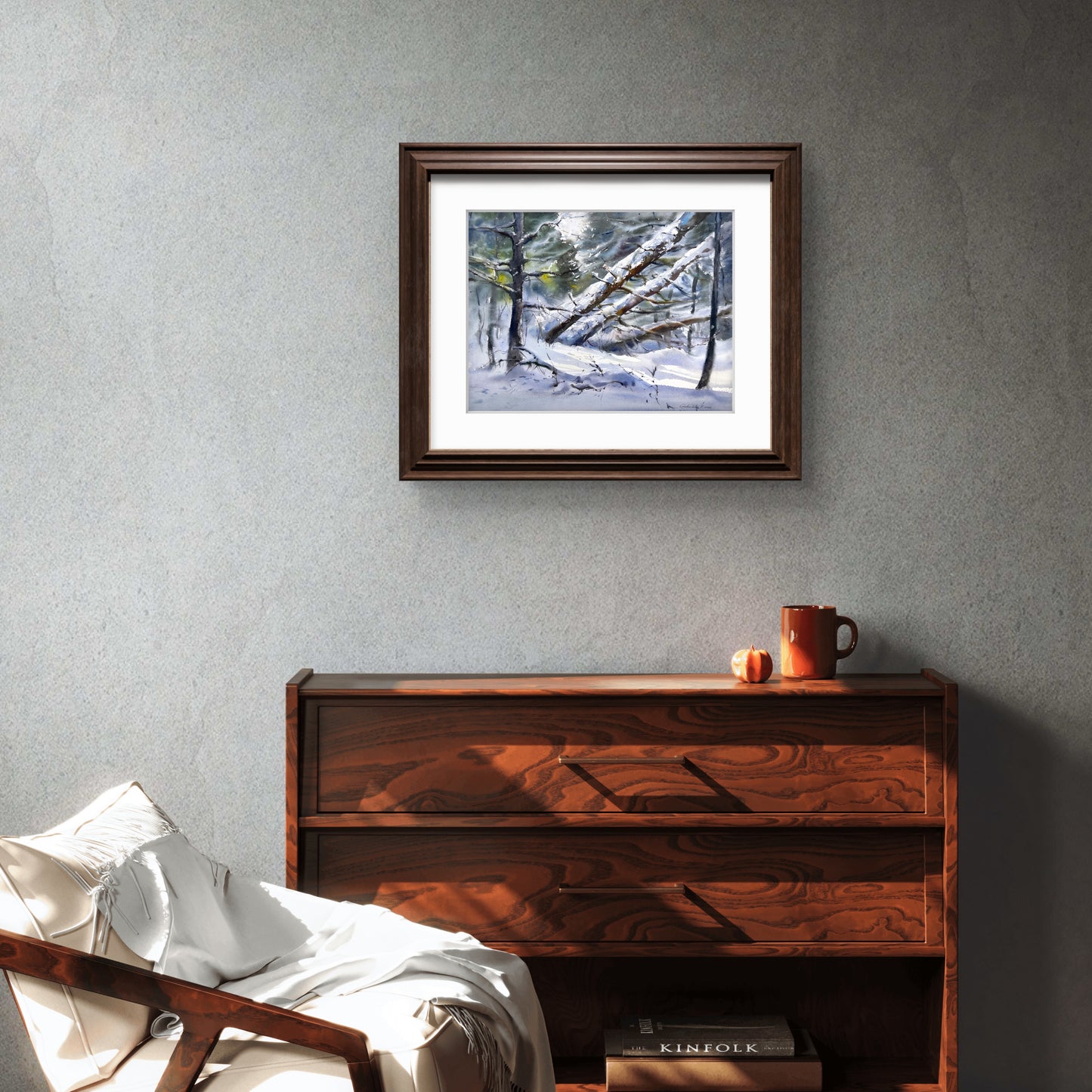 Winter Forest Watercolor Painting, Winter’s Quiet Breath 31x41