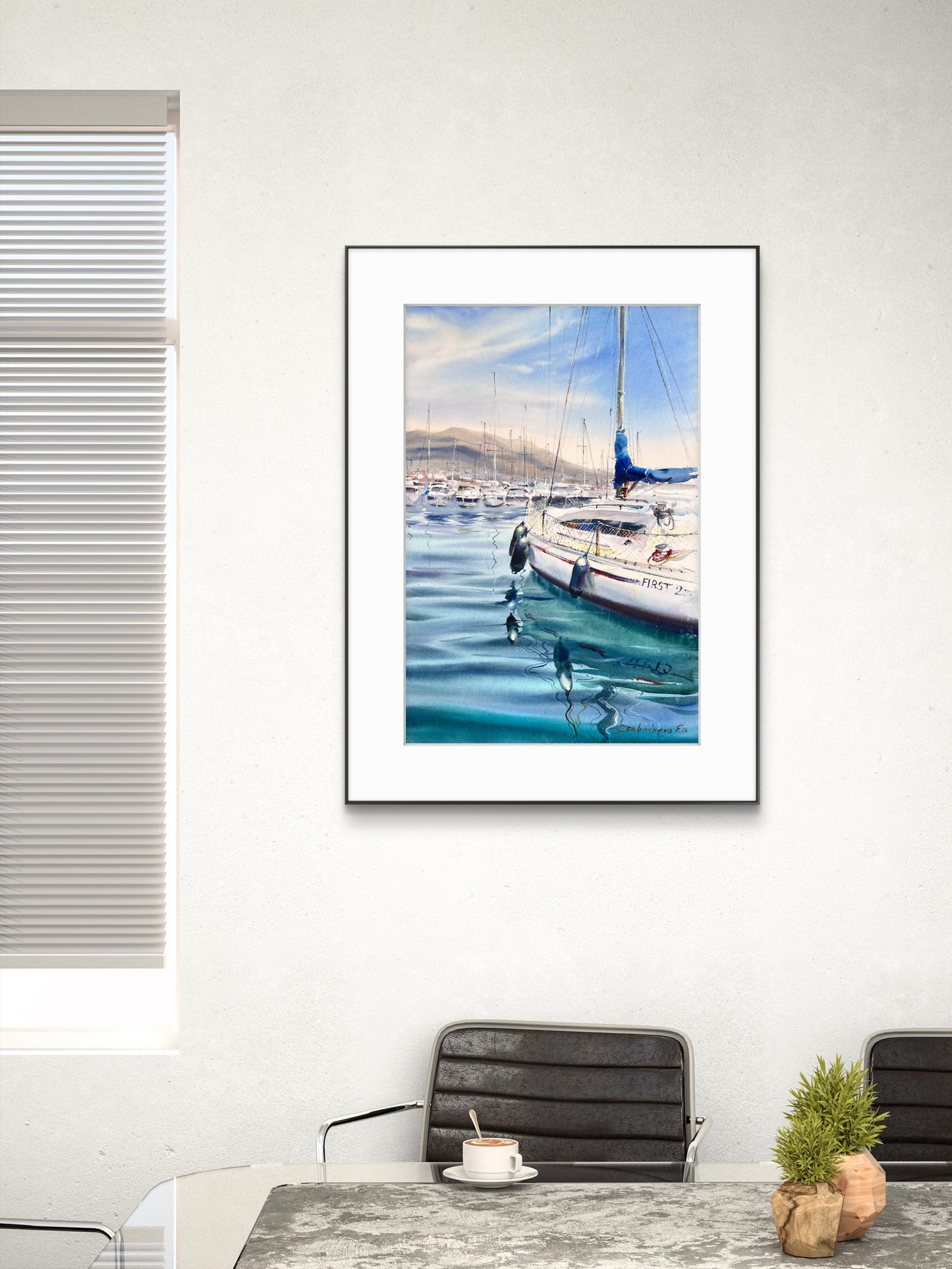 Sailboat Watercolor Painting, Coastal Marina Art, Waiting for the Wind 15x22