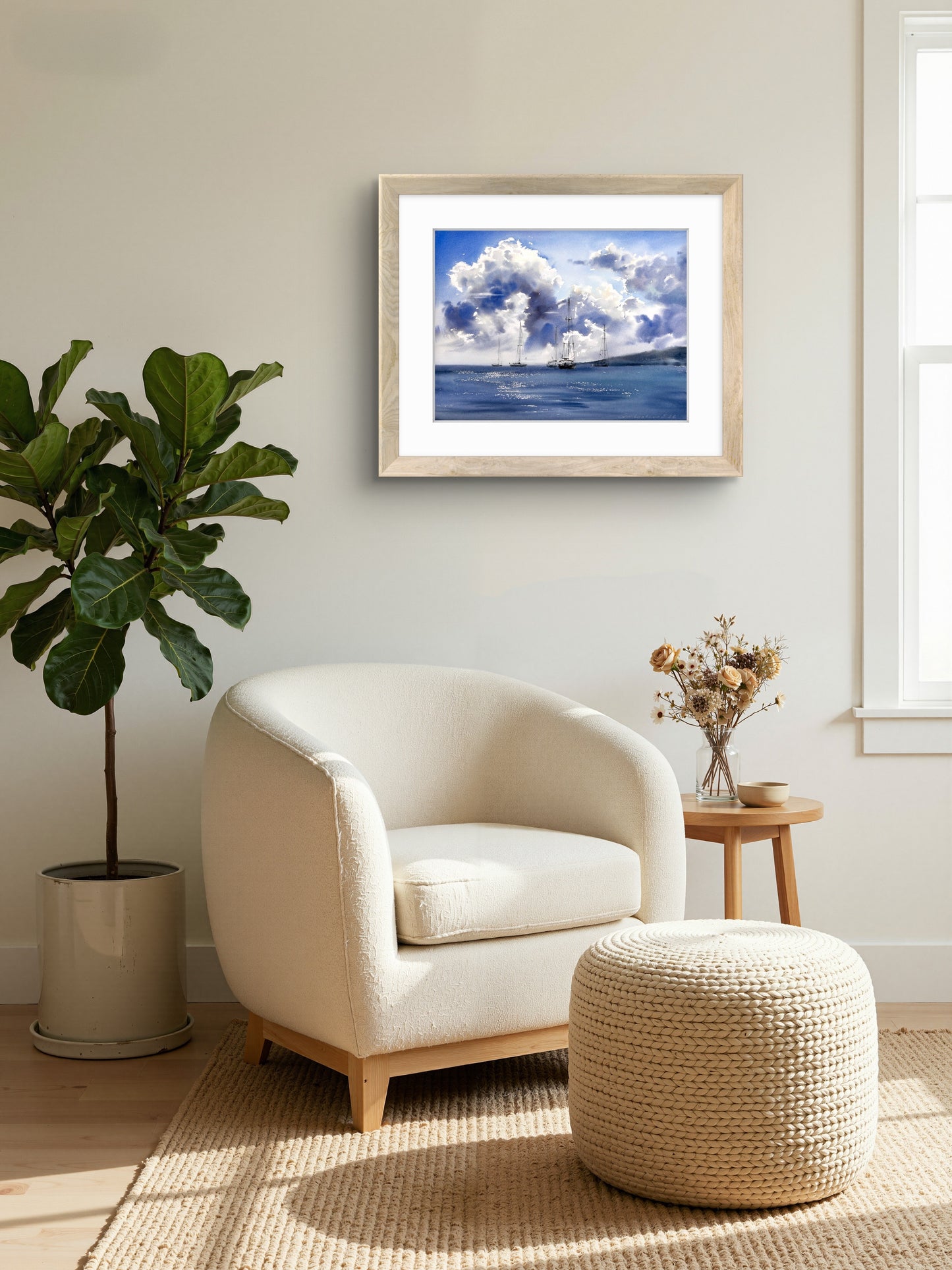 Original Seascape Watercolor Painting, Sailing Yachts Wall Art, Chasing White Clouds 12x16