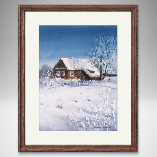 Original Frosty Morning Watercolor Painting - Winter morning, Village #4