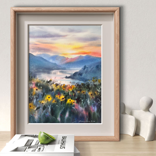 Oregon Watercolor Landscape Sunset, Mountain Lake Wildflowers, Golden Quiet Oregon 9x12