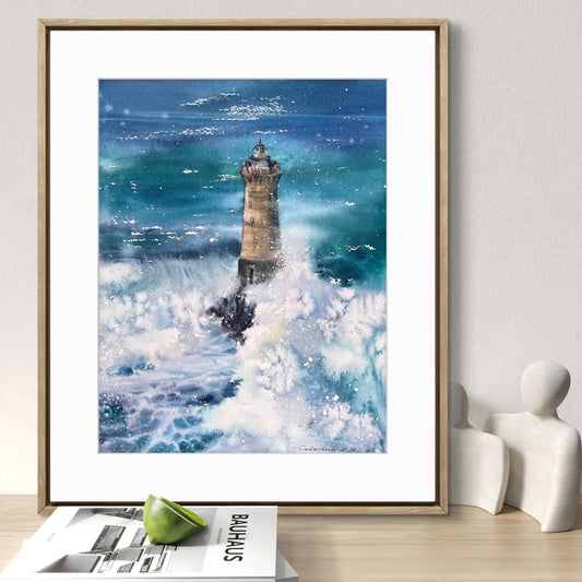 Dramatic Lighthouse Watercolor Painting, Ocean Storm Art, Silent Ocean Guardian 11x15