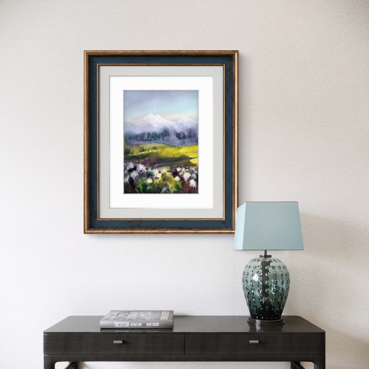 Cotton Field Painting Watercolor Original, Abstract Mountain Landscape, Flowers and Mountains #2 9x12