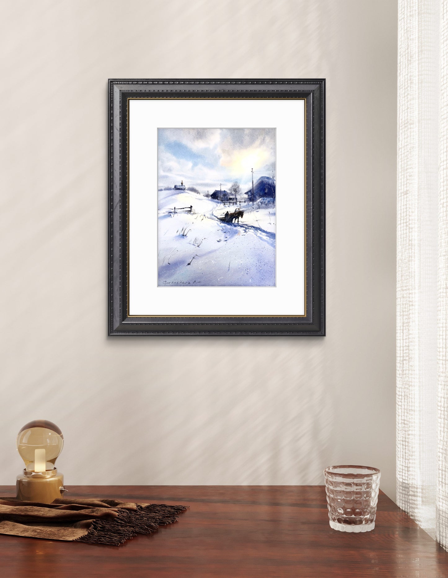 Original Watercolor Winter Landscape Painting, Horse Sleigh Art, Snowy Village Scene, An Old Winter Tale