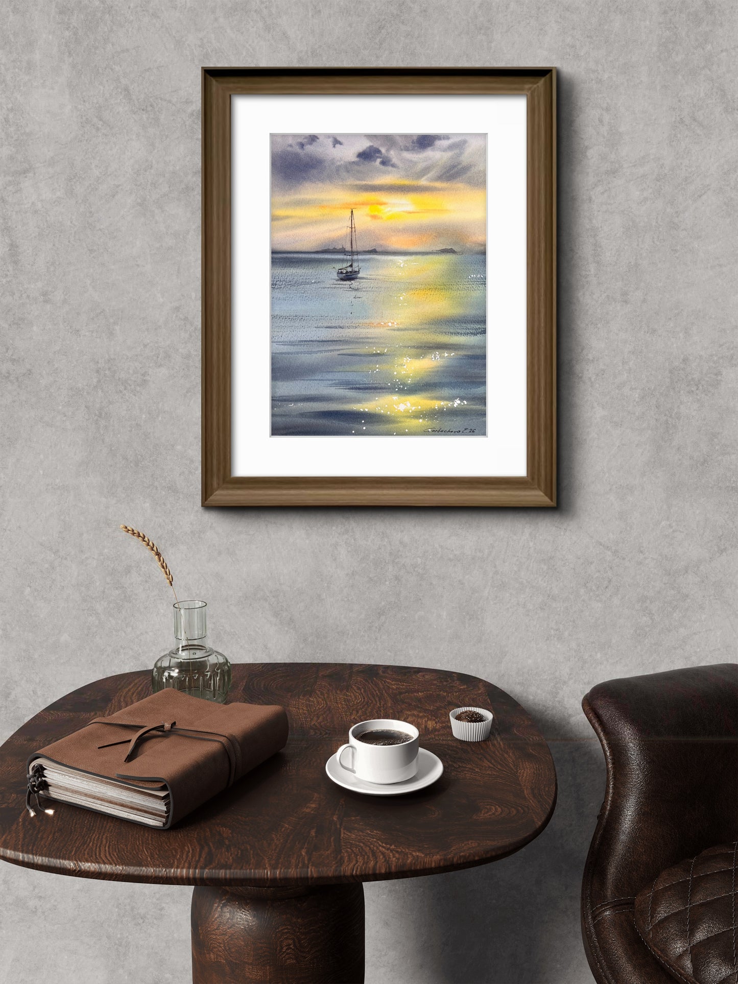 Sunset Sailboat Watercolor, Golden Sea Painting, Yacht in Golden Light 9x12 in