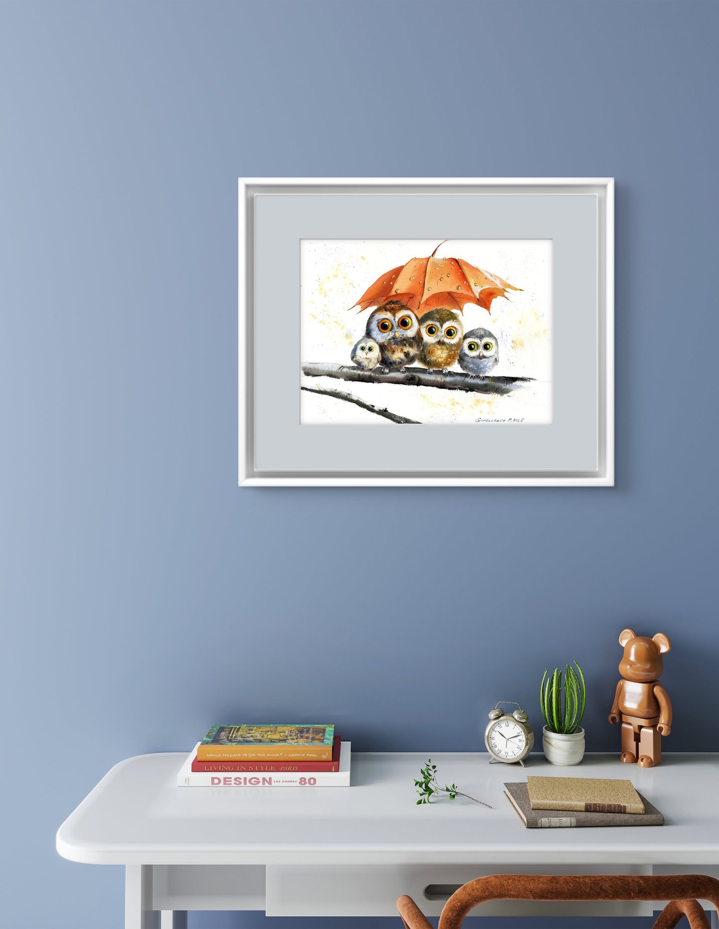 Original Owl Watercolor Painting | Cute Owls Under Autumn Leaf |Owl Umbrella Haven 11x15 in