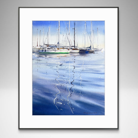 Original Watercolor Marina Painting, Sailboats Harbor Reflection, Blue Harbor Poetry 12x16