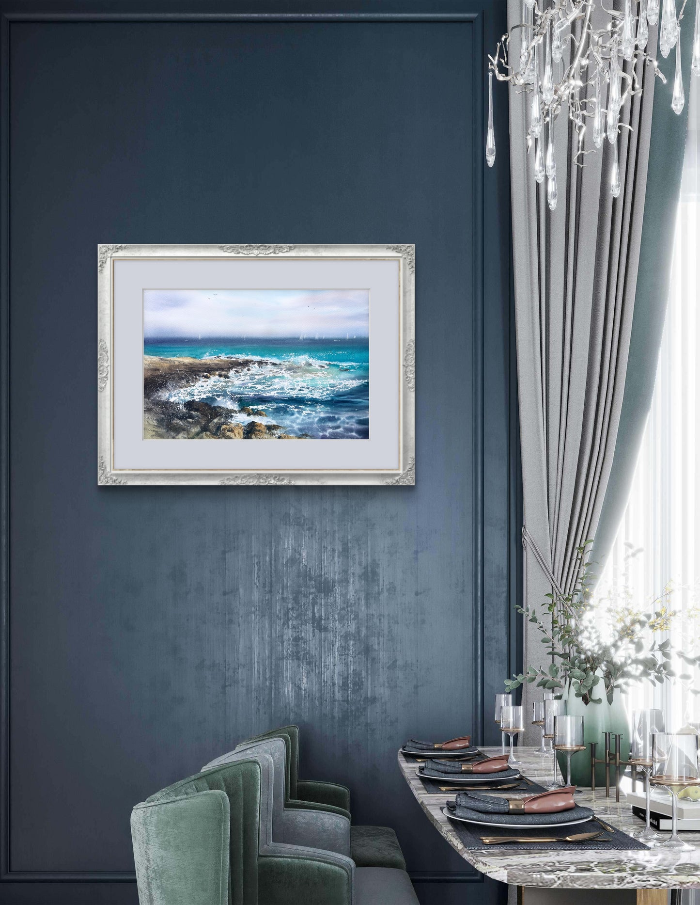 Original Turquoise Seascape Painting, Rocky Coast Watercolor Art, The sea coast #2 15x22