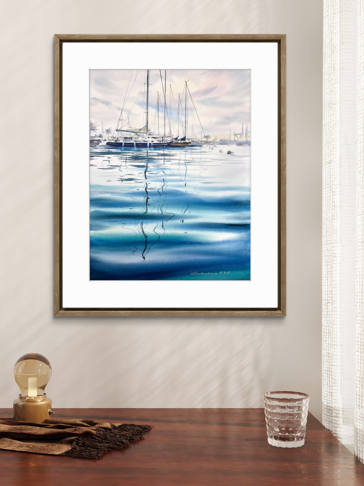 Sailboat Watercolor Painting, Blue Marina Wall Art, The Blue Silence 12x16