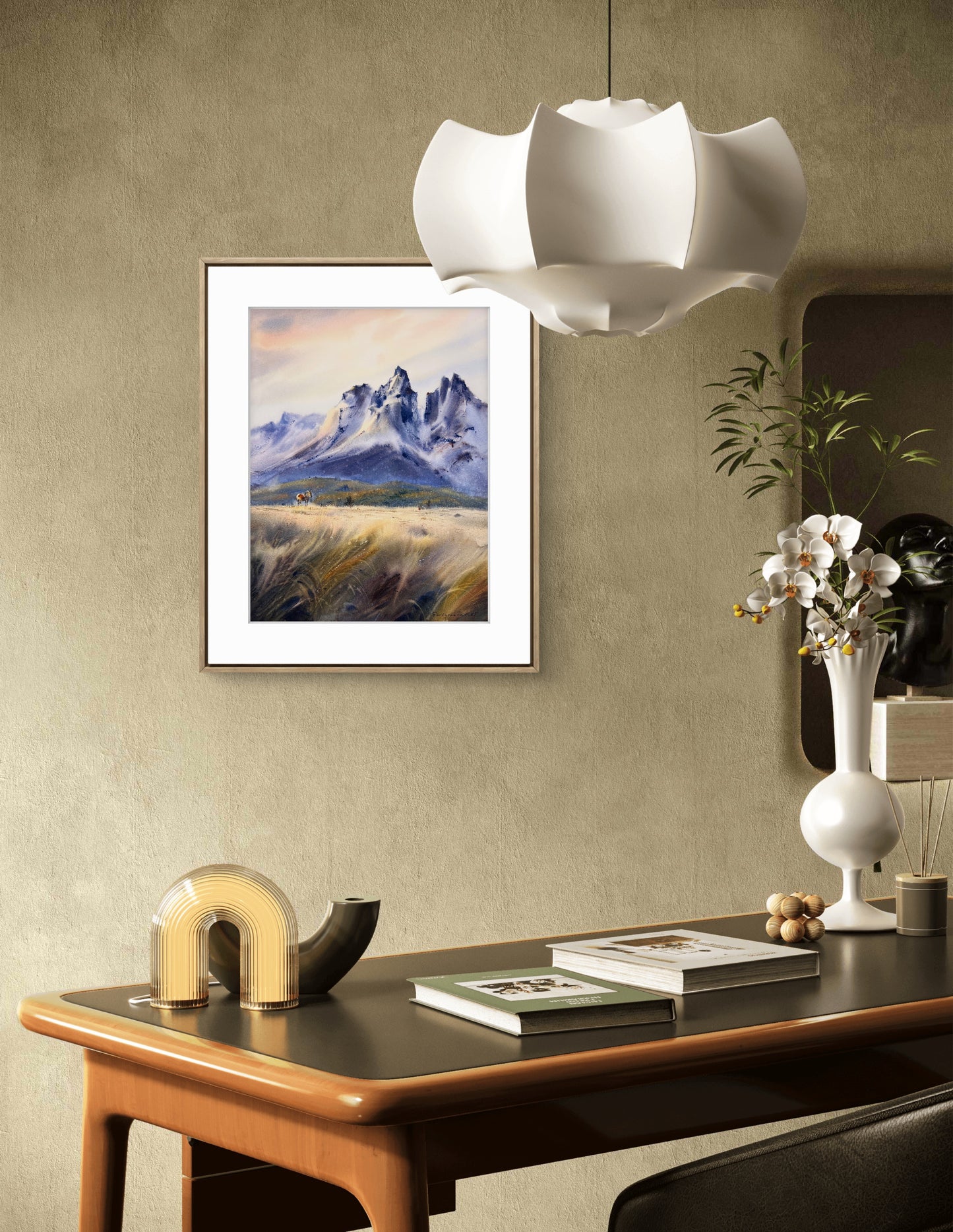 Original Mountain Landscape Watercolor Painting, Horse in High Grass Field Art, Where the Wind Runs Free 12x16