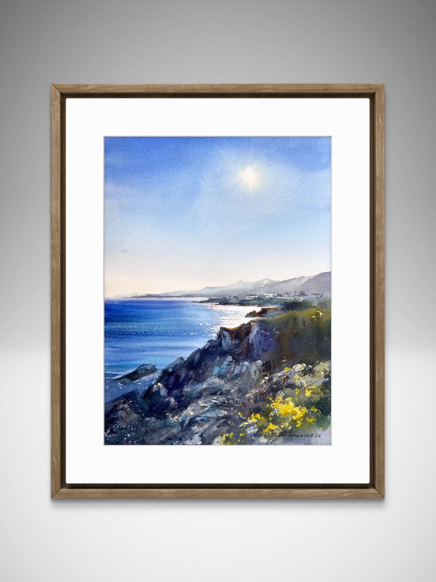 Cyprus Coastal Watercolor Painting, Mediterranean Sea Landscape, Cyprus Morning Light 9x12