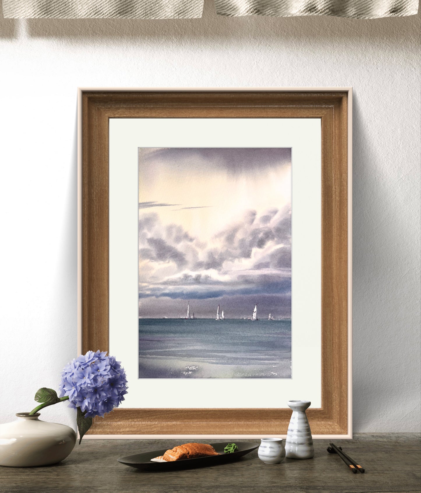 Yachts at Sea #22 Watercolor - Sailboats and Cumulus Clouds Artwork