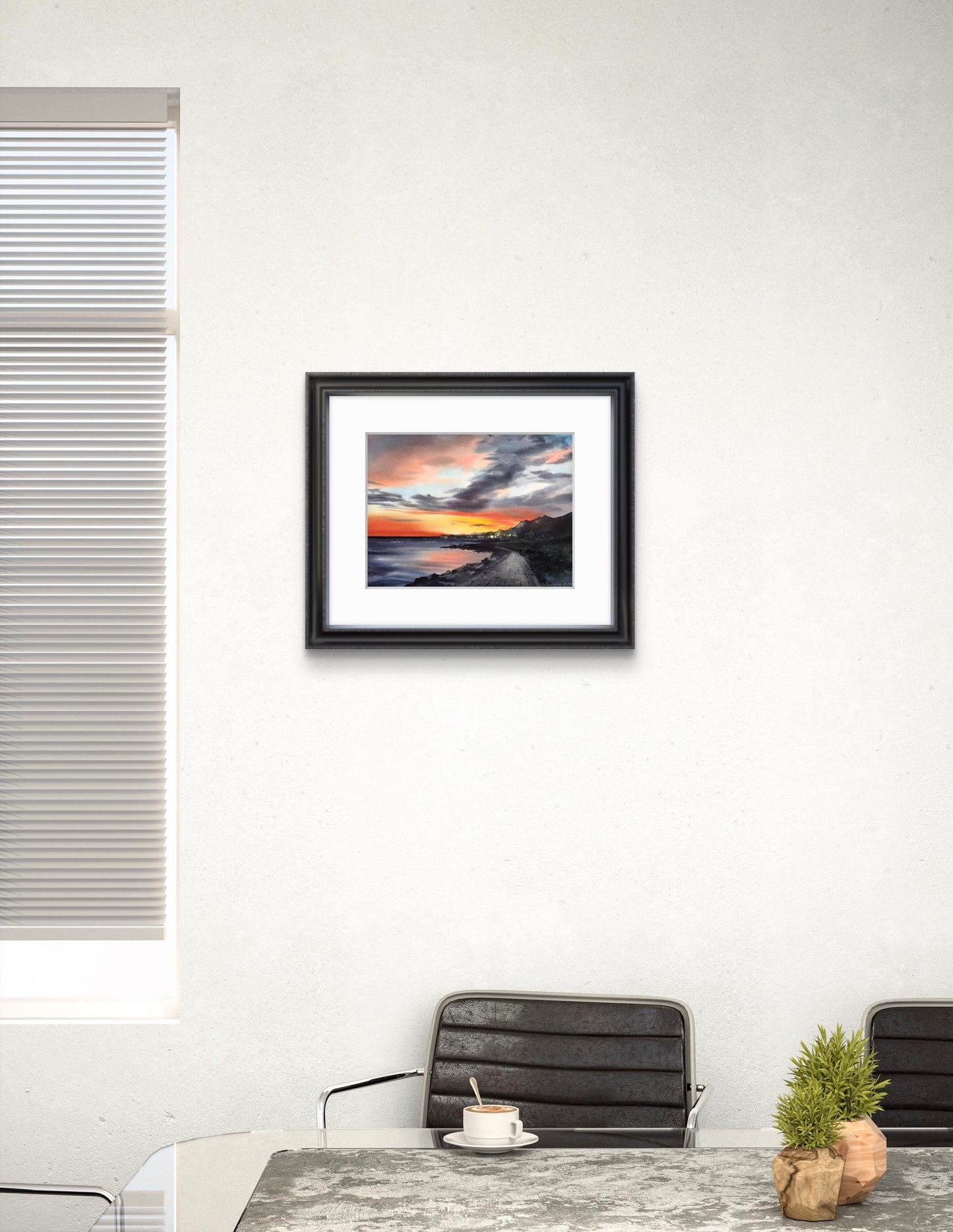 Coastal Sunset Painting, Sea Beach Watercolor Original Art, Landscape Wall Art, Sky, Nature, Orange Grey, Gift For Mom