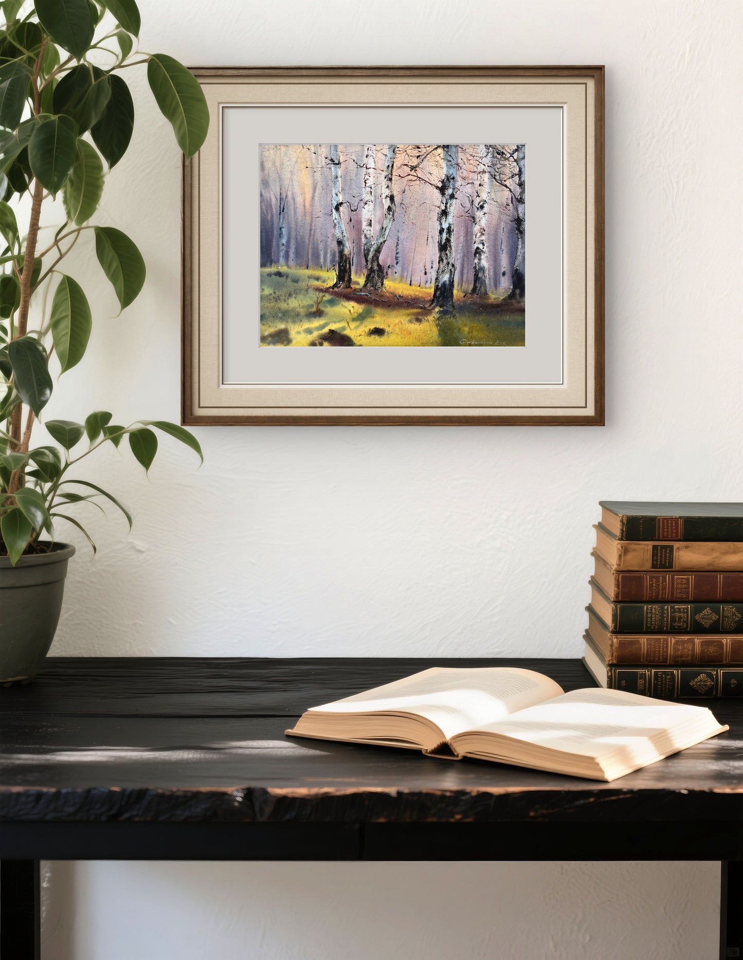 Birch Forest Watercolor Painting, Moody Woodland Landscape Art, Birchwood Dreams 12x16