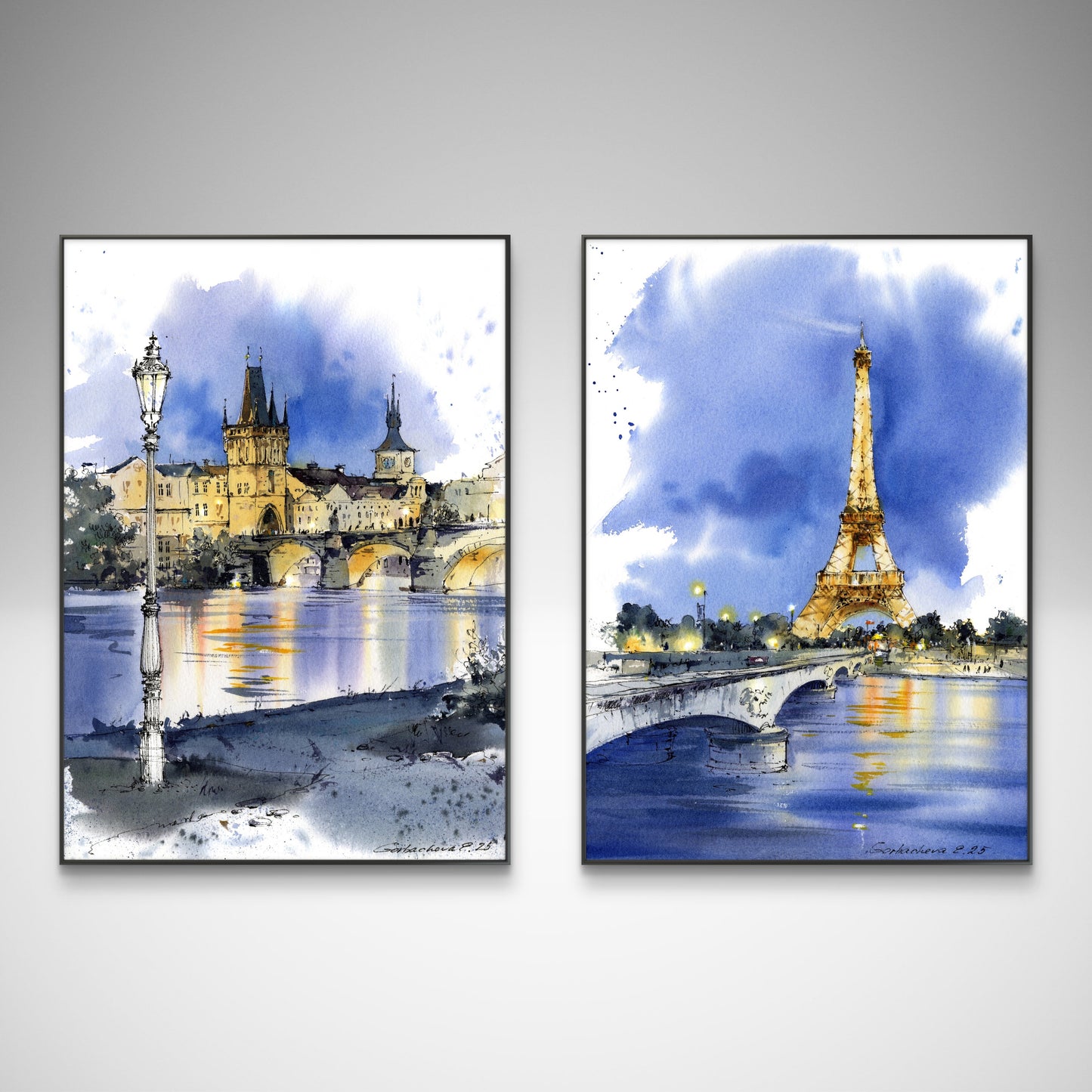 Eiffel Tower Watercolor Painting at Night, Paris Cityscape Art, Paris Lights 9x12 in