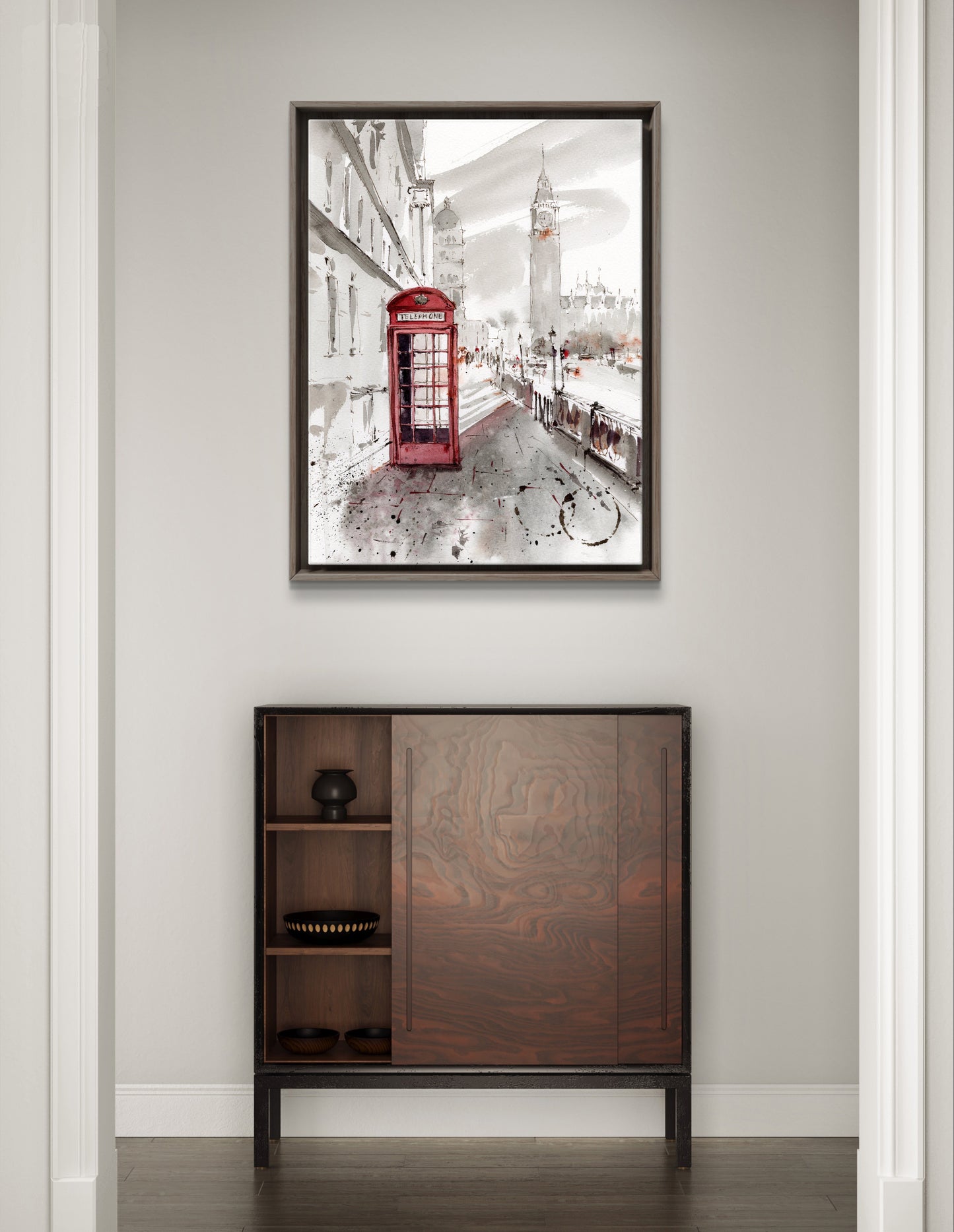 Cityscape Art Print Inspired by London's Sights: Big Ben and Red Telephone Box