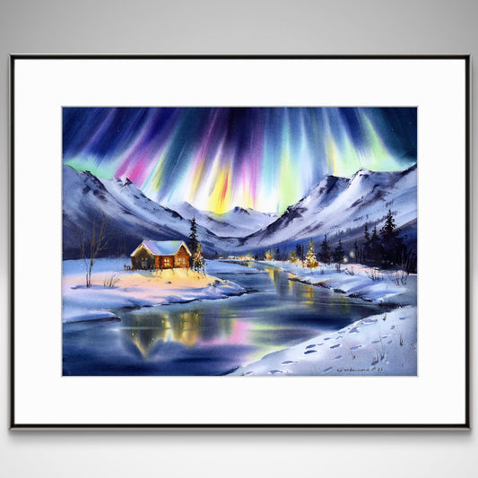 Original Northern Lights Watercolor Painting | Aurora Borealis Winter Landscape Art | Aurora’s Embrace 12 x 16 in