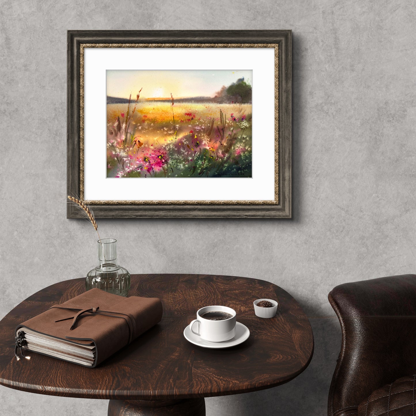 Original Watercolor Wildflower Meadow Painting, Golden Lake Sunset Landscape, Sunset Bloom 9x12