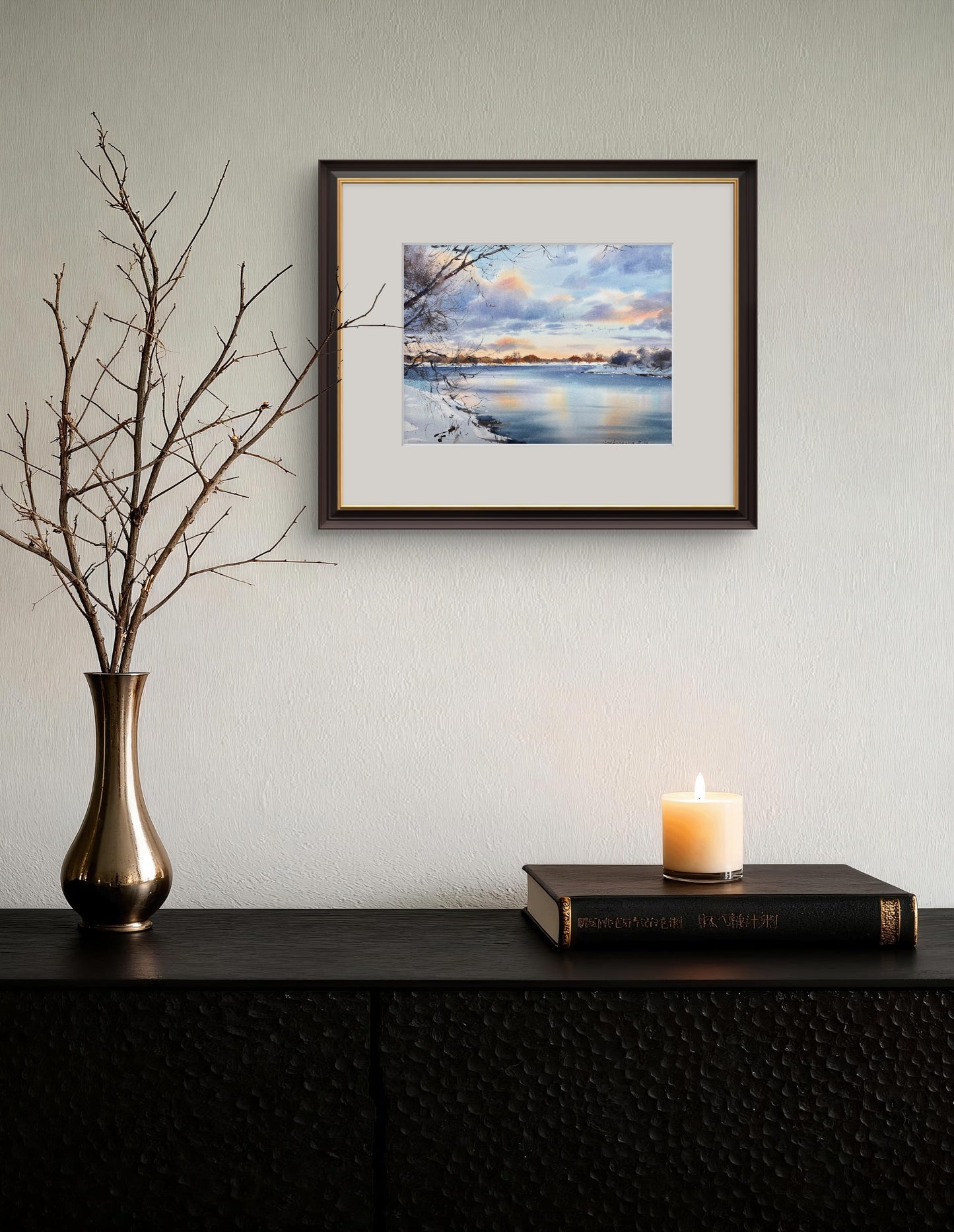 Winter Painting, Small Watercolor Original, Night Sky, Snowy Landscape, Frozen River Artwork, Unique Gift