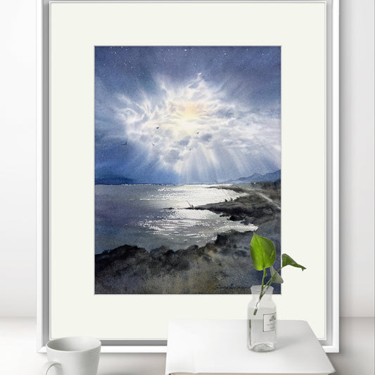 Original Coastal Watercolor Art - 'Night Fishing' Seaside Painting for Your Home