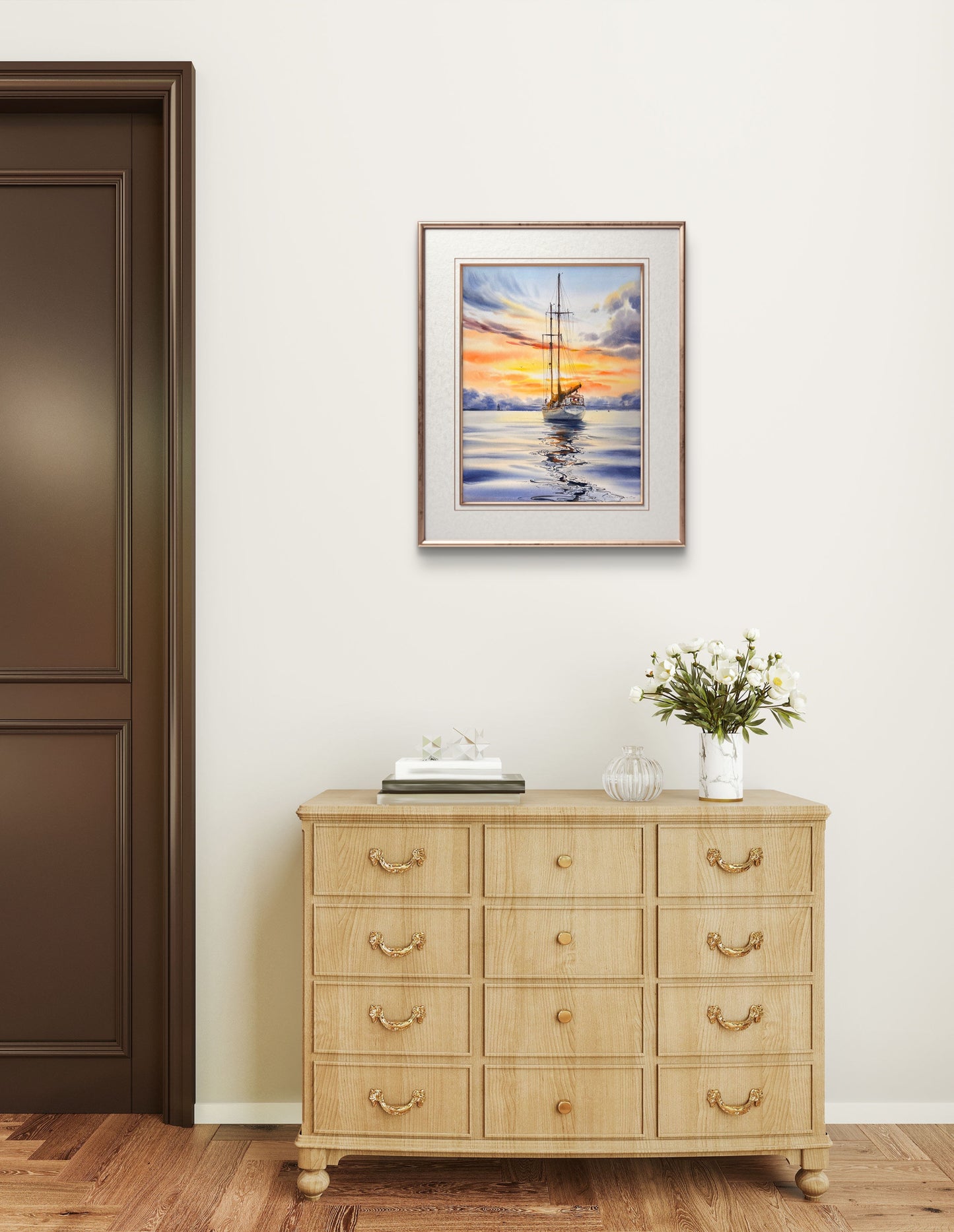 Original Watercolor Painting | Schooner Brilliant at Sunset |Golden hour on a yacht 12x16 in