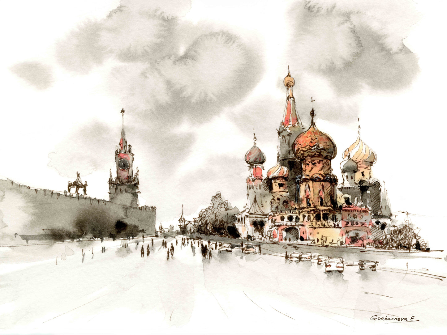 Moscow Art Print of Red Square & St. Basil’s Cathedral in Gray-Red-Orange