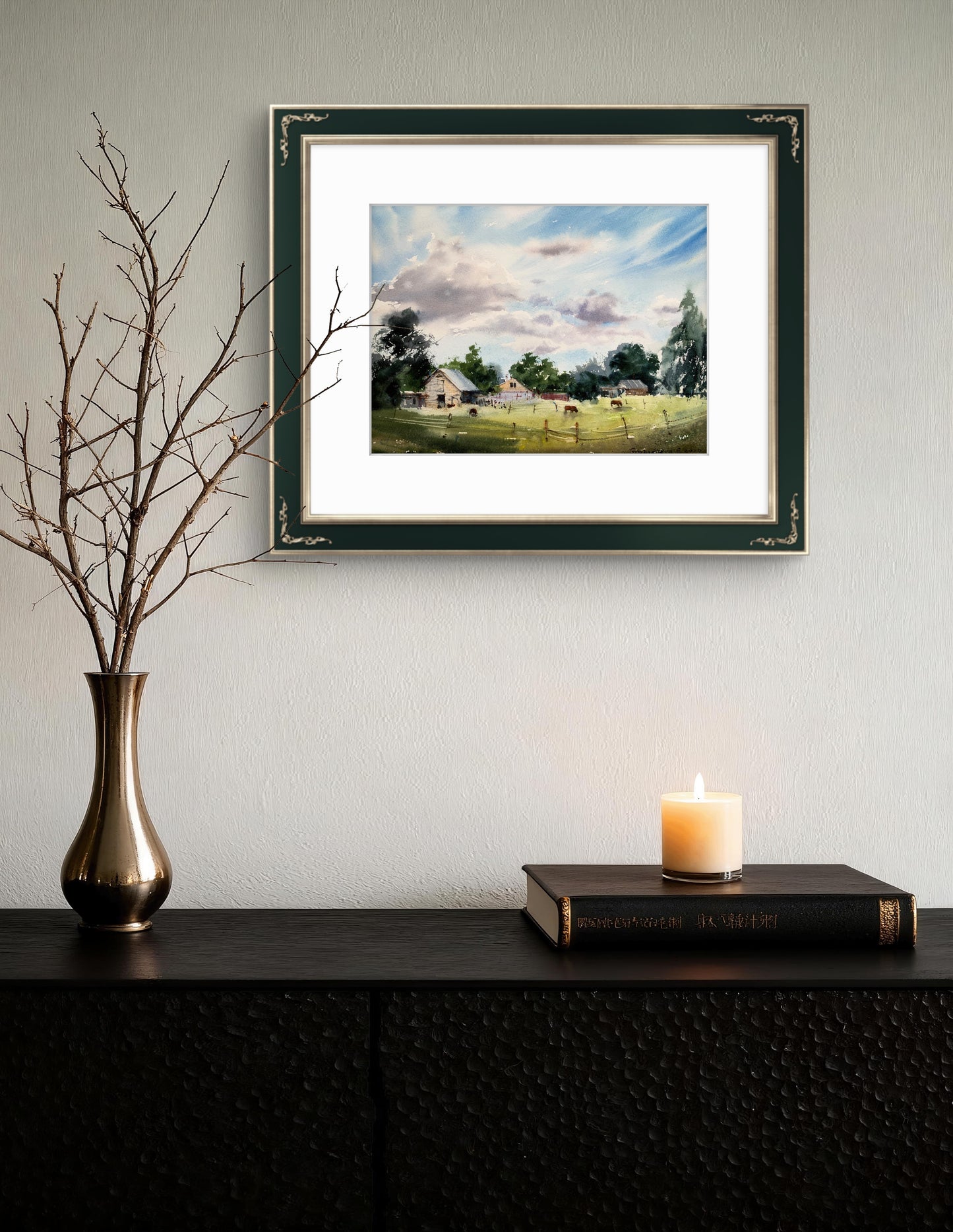 Summer Farm Painting Watercolor Original, Farmhouse Art Decor,  Scenery Painting, Morning on the Farm #2