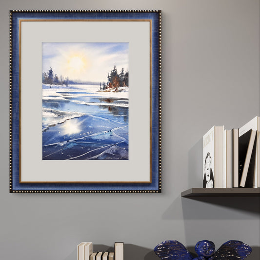 Original Frozen Lake Watercolor Painting, Sunlit Winter Ice Art, Sky on Ice 9x12