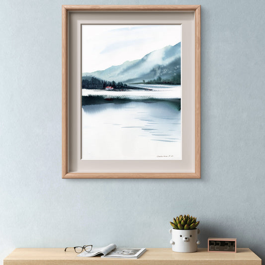 Modern Mountain Painting Original Watercolour, Nature Wall Decor, Landscape With Lake, House in the Mountains #9, 12x16
