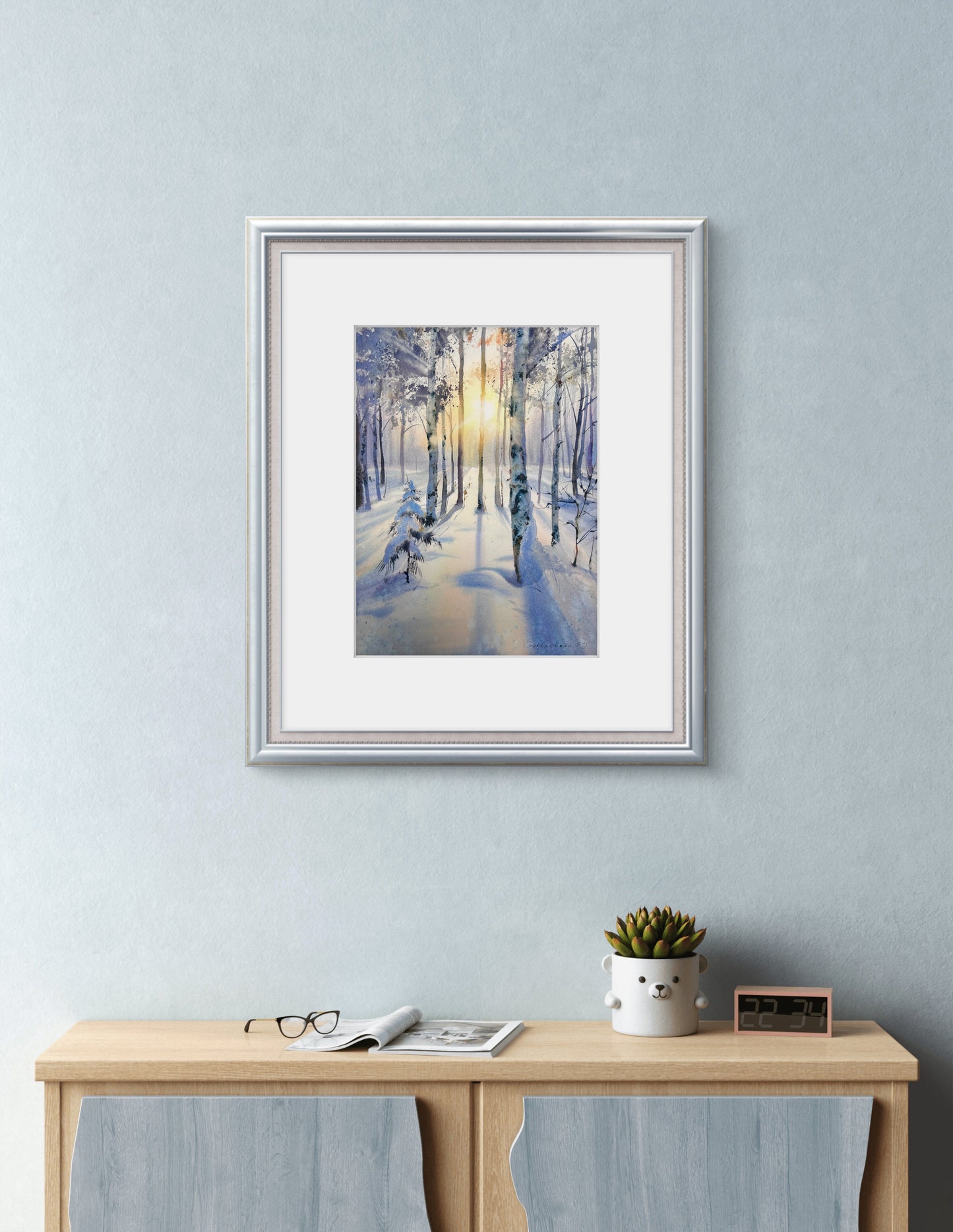 Original Winter Birch Forest Watercolor, Snowy Landscape Wall Art, Birch grove in winter glow 9x12