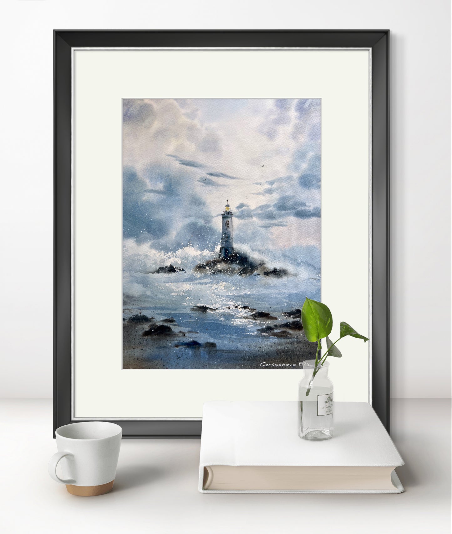 Nautical Watercolor Art - 'Beacon of Hope' Lighthouse Painting in Stormy Weather