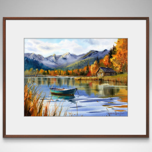 Original Sailboat Watercolor Painting,Mountain Landscape Wall Decor,Autumn's Quiet Embrace- 14 x 19 in