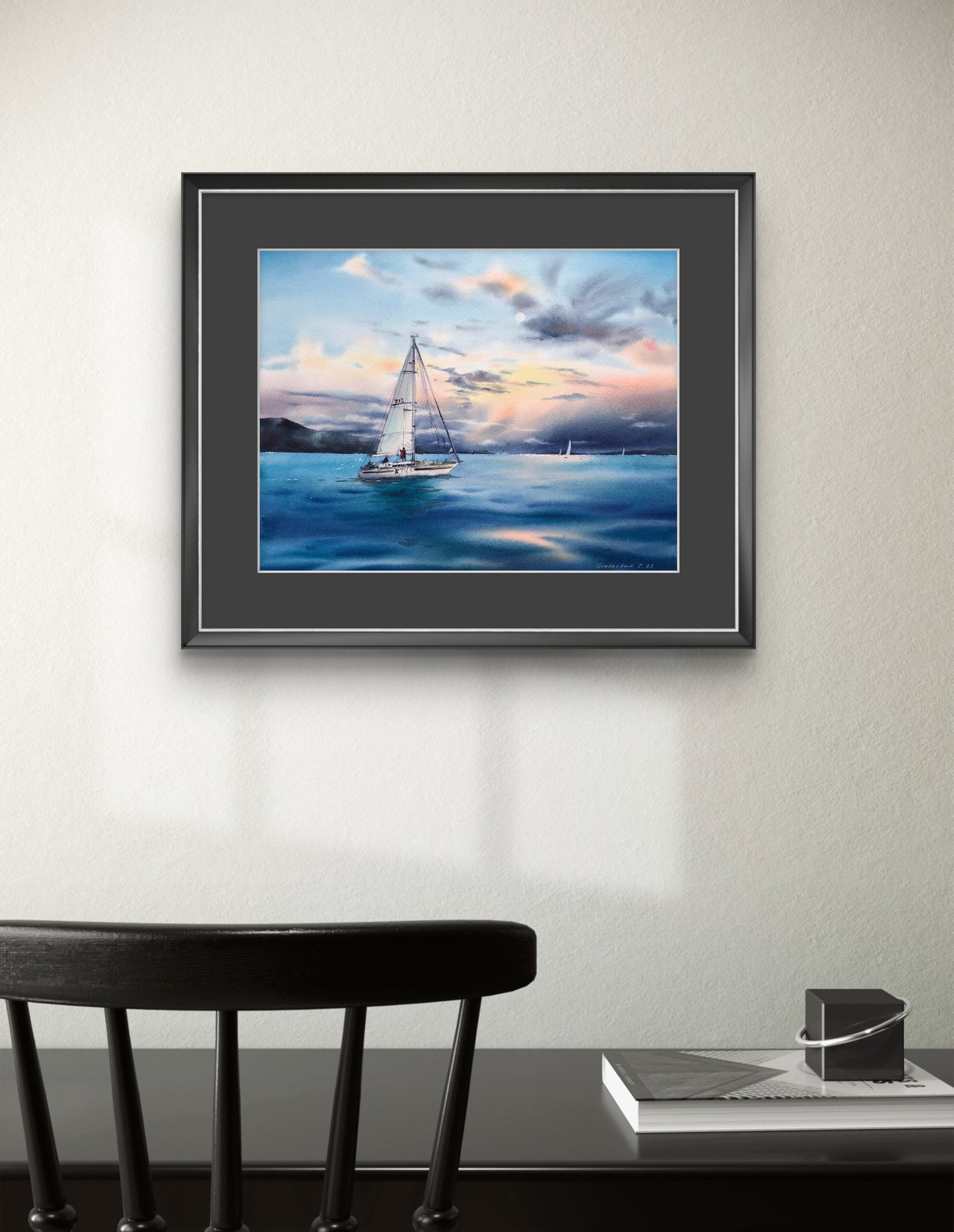 Original Sailboat Watercolor Painting, Ocean Sunset Art, Yacht in the sea at sunset #5