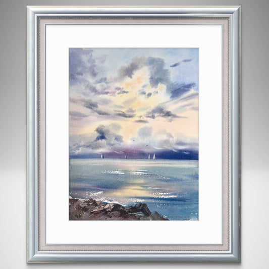 Small Seascape Painting Watercolor Original, Coastal Wall Art Decor, Yachting Artwork, Yachts at Sea #14 9x12