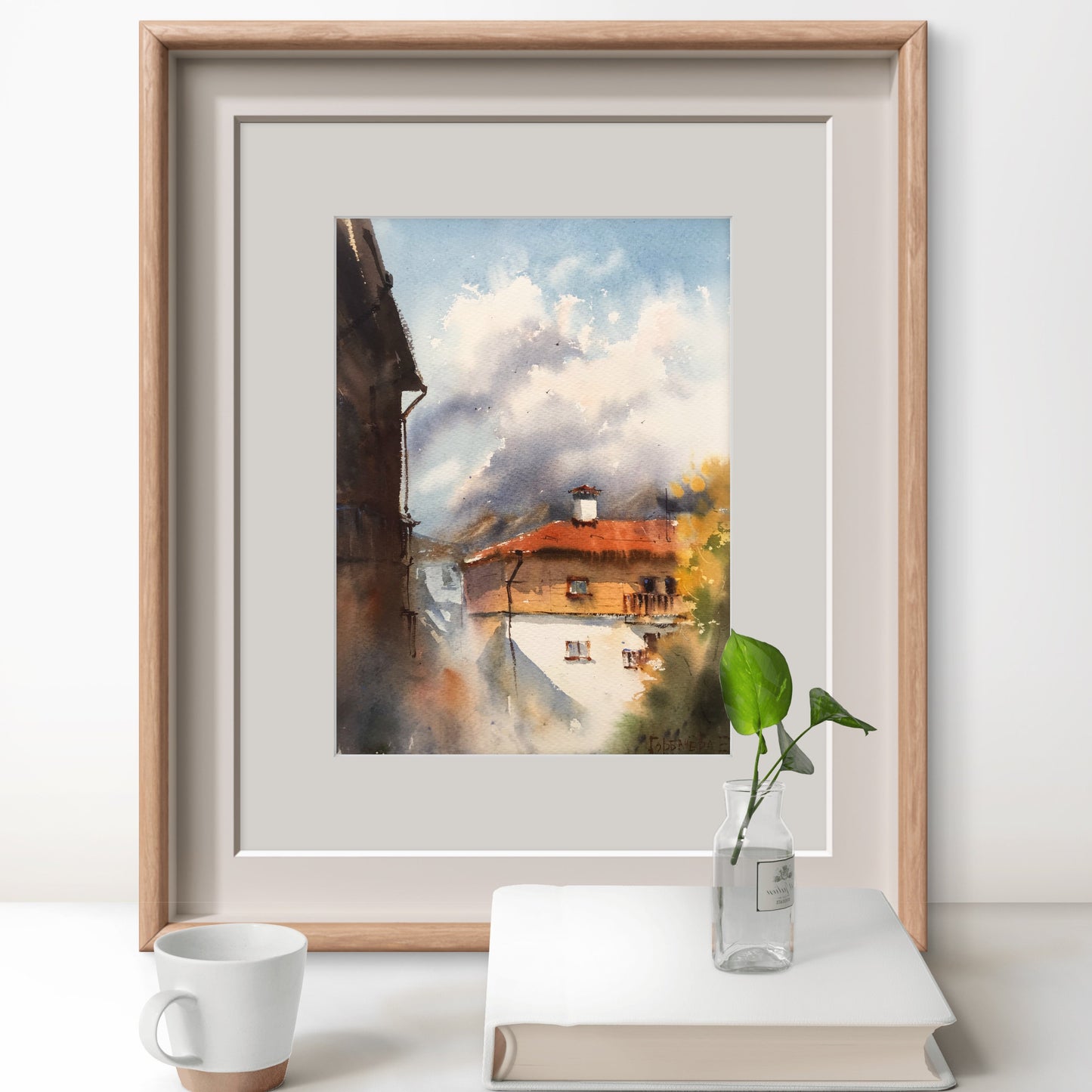 Mountain House Painting Watercolor Original, Chalet Artwork, Modern Landscape, Rosa Khutor, Sochi 12x16