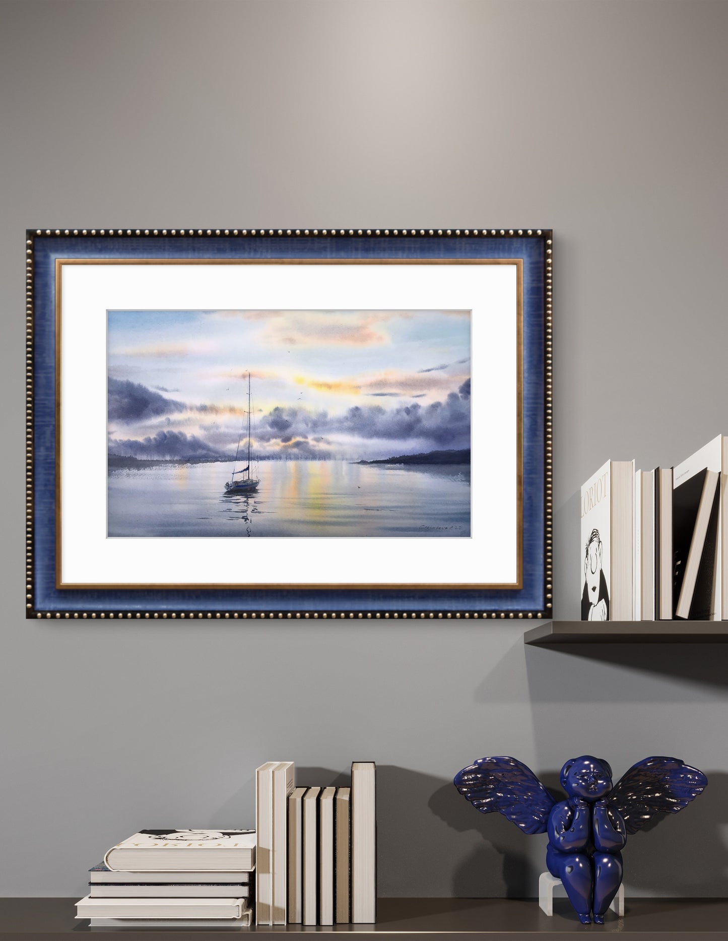 Seascape Painting Watercolor Original - Yachts at sunset #8 - 13x22 in