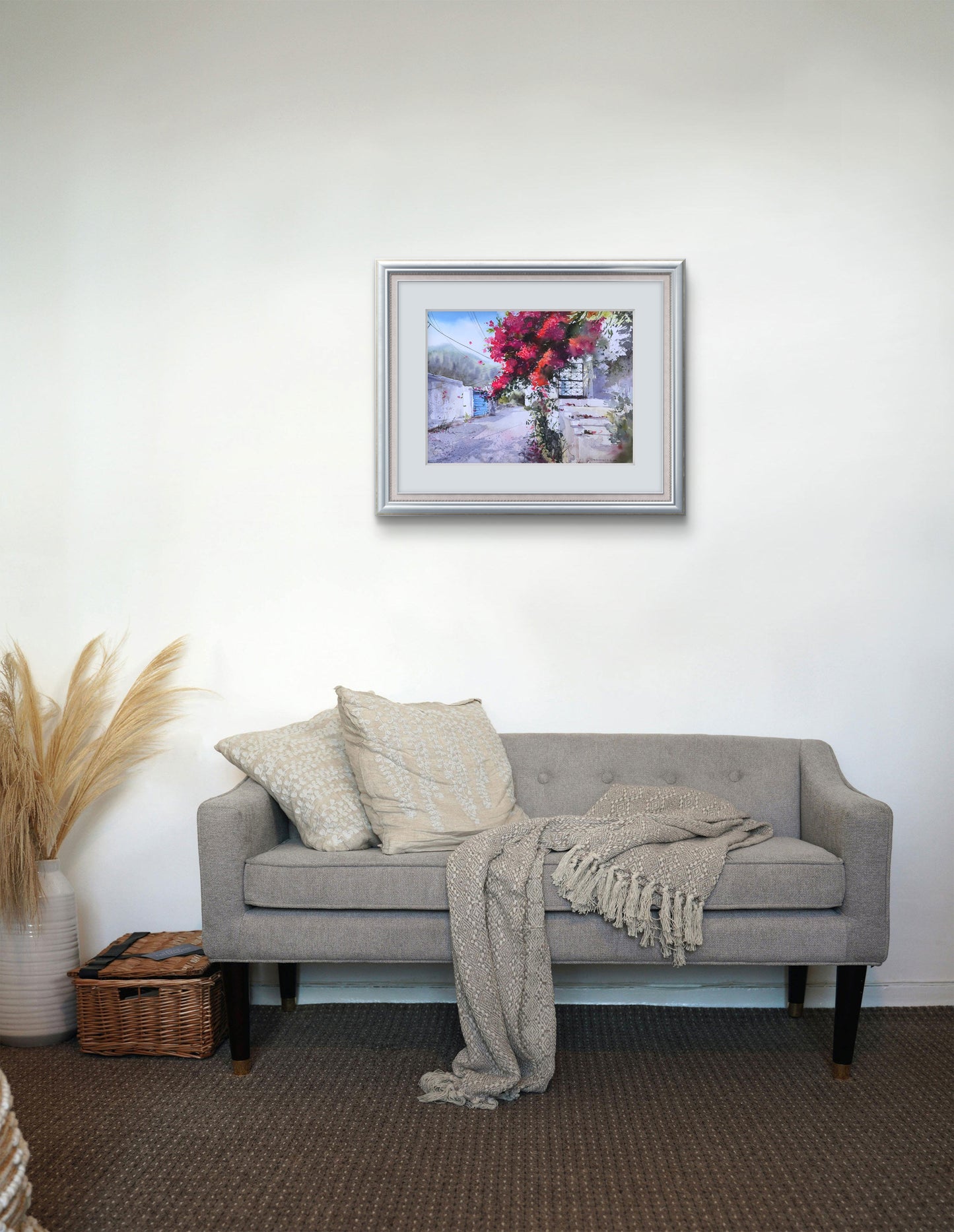 Greek Painting Watercolor, Original Artwork, Greece, Blue White Cityscape, Bougainvillea Wall Art, ENGLISH VILLAGE CYPRUS #6 12x16