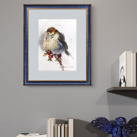 Original Art - Watercolor Painting of Small Gray Bird and Red Berries - Beautiful Wall Accent -Little bird #2