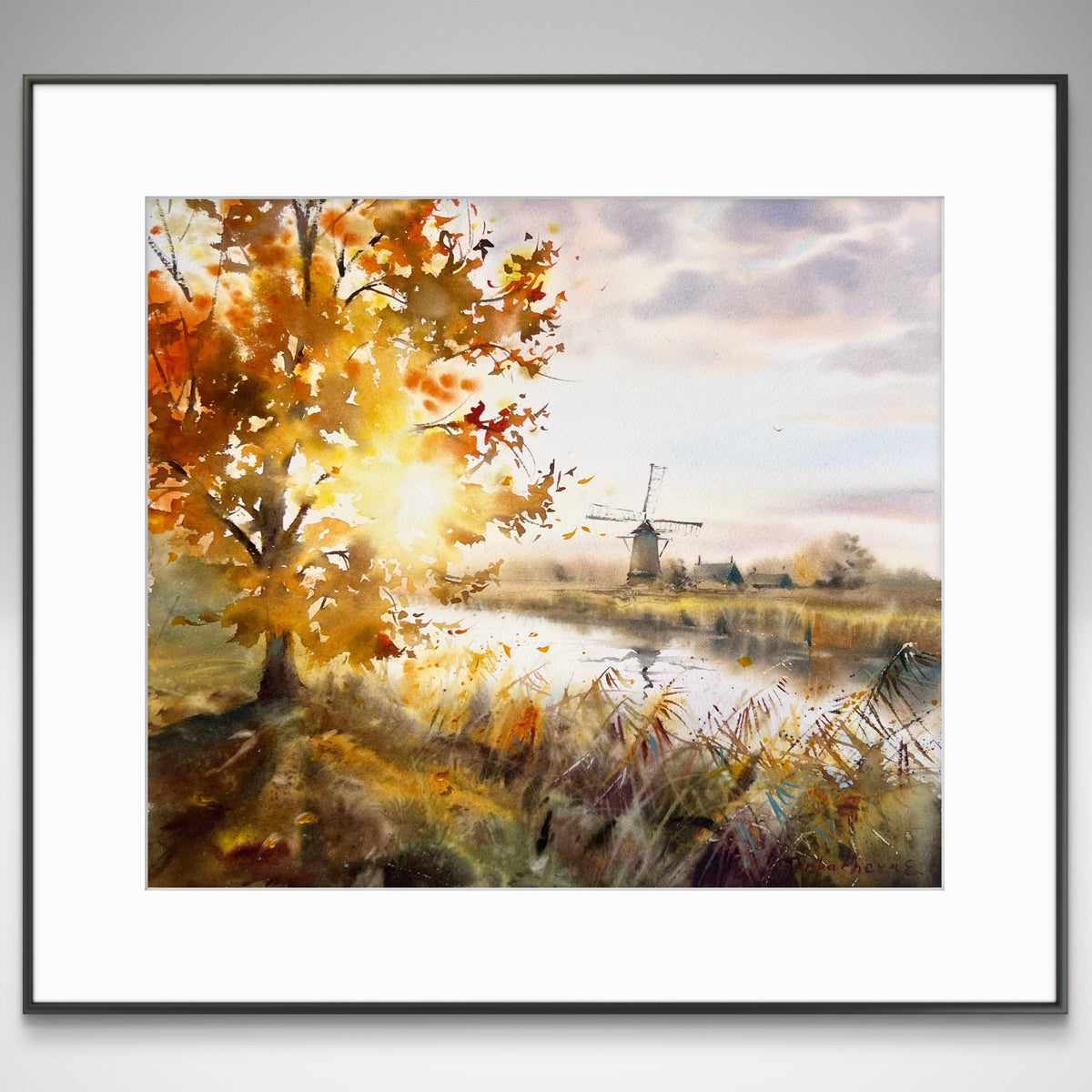 Autumn Watercolor Landscape, Windmill Painting, Original Fall Art, Whispers of Autumn 12x14