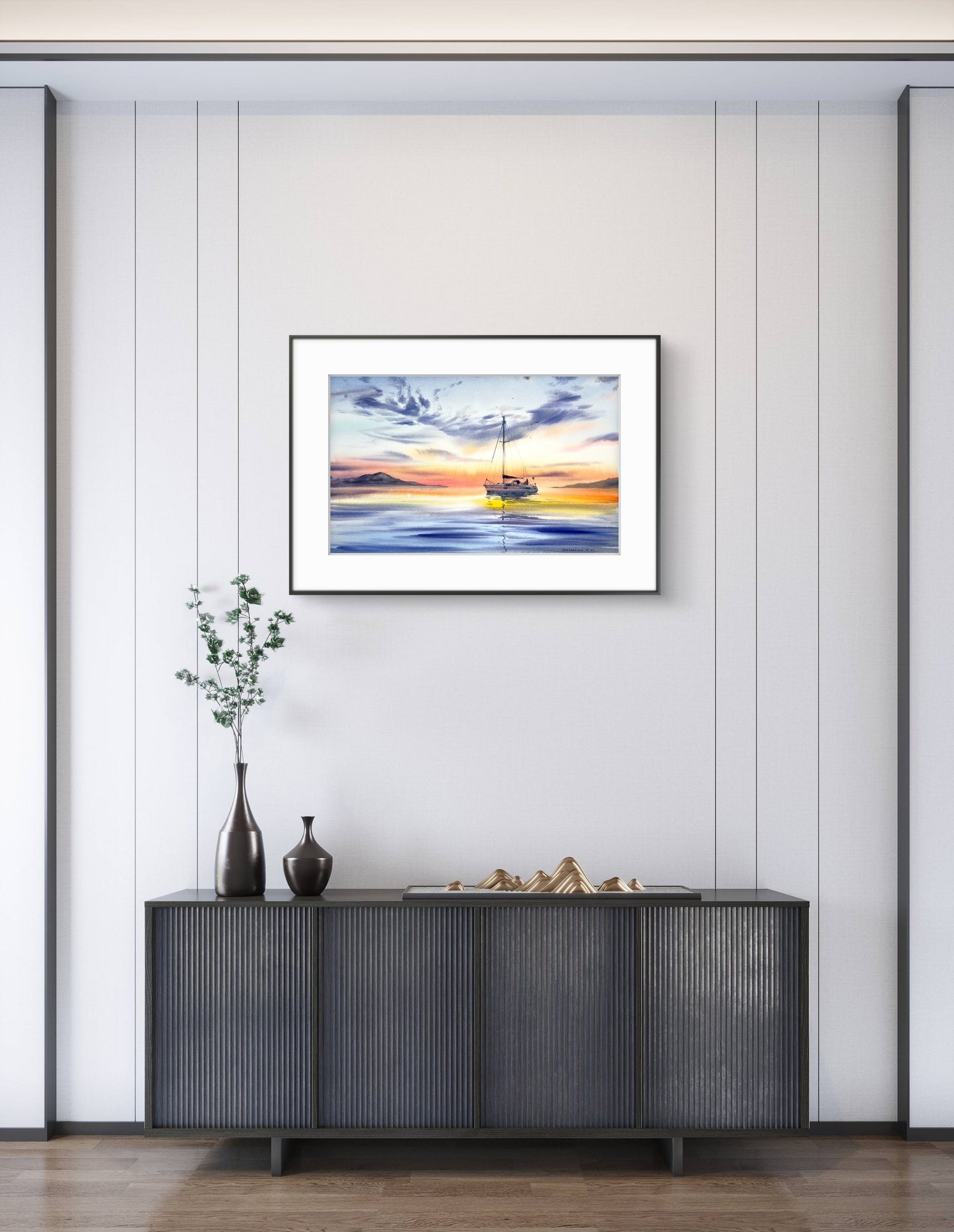 Large Sailboat Sunset Painting, Yachts at sunset #7 13x22 in