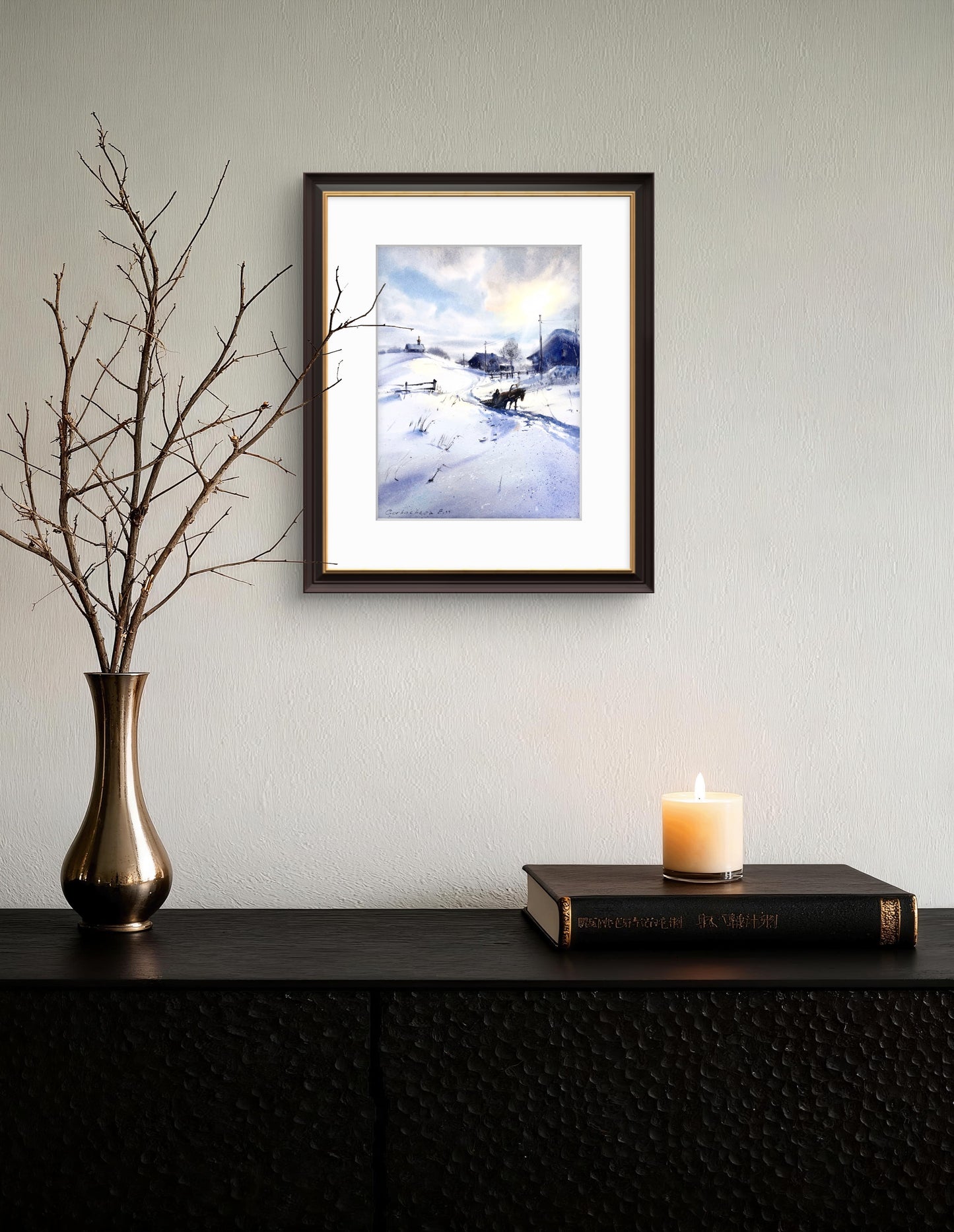 Original Watercolor Winter Landscape Painting, Horse Sleigh Art, Snowy Village Scene, An Old Winter Tale