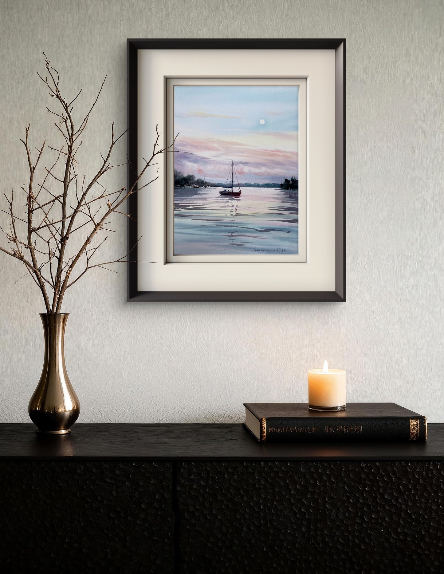 Sailboat Painting Original, Watercolour Seascape - Yacht and Pink Dawn #2