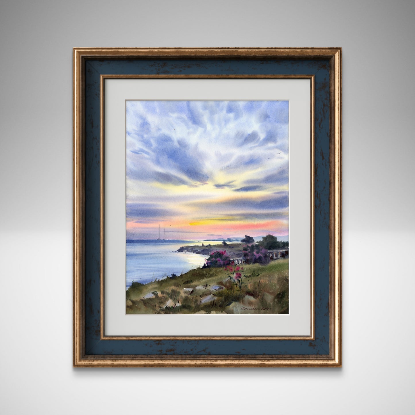 Cyprus Sunset Seascape Watercolor Painting, Coastal Landscape Art, Evening Breath of Cyprus 12x16