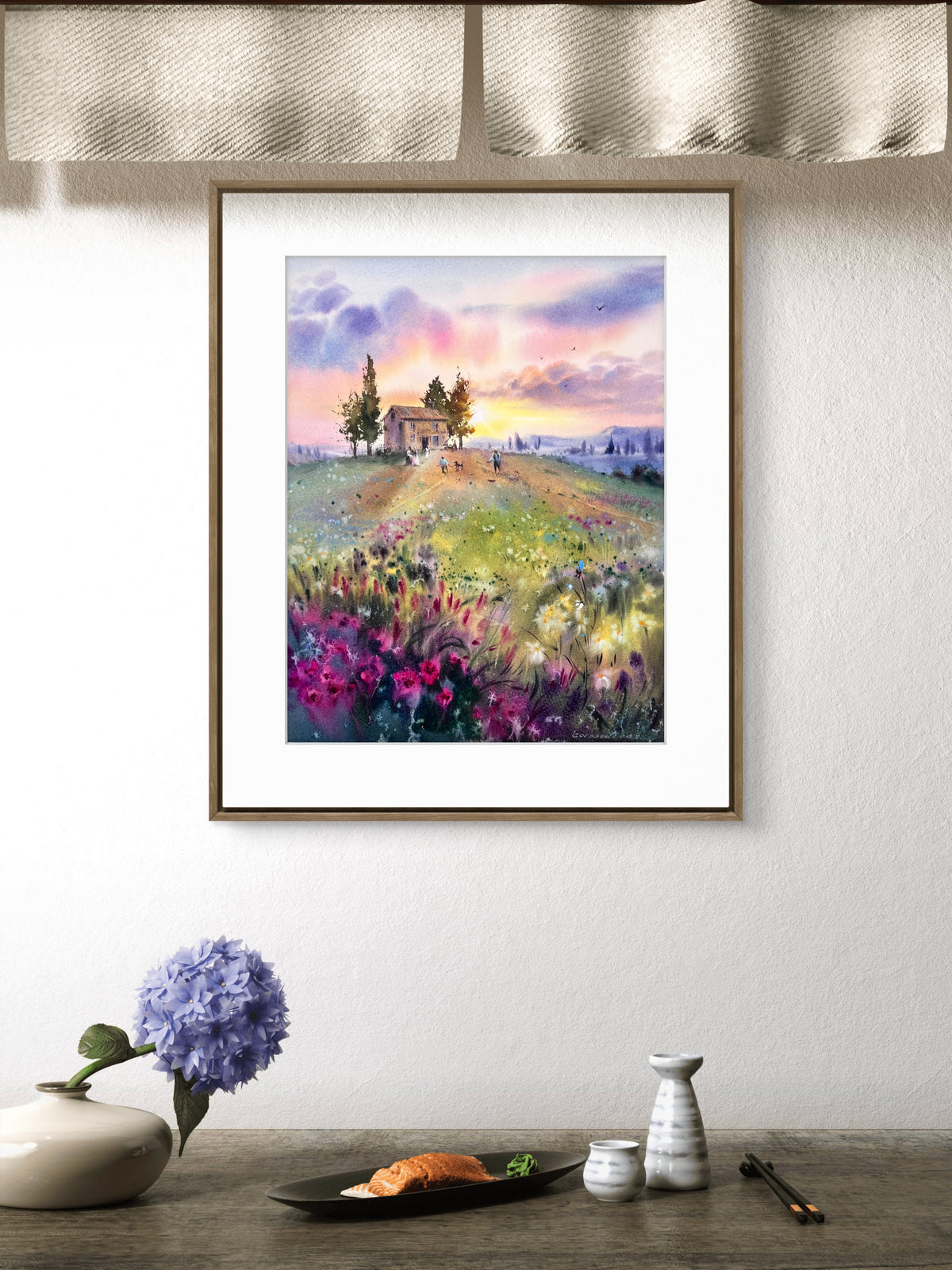 Sueños de Lavanda - Paisaje original pintado en acuarela de 16x12 pulgadas, serena escena natural en tonos púrpura.