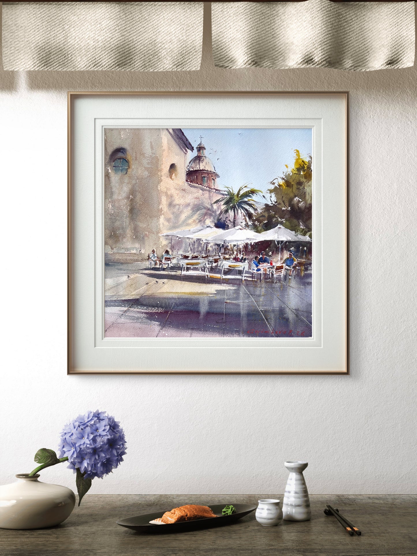 Valencia Spain Watercolor Painting, Mediterranean Cafe Wall Art, Sun Over the Plaza 15x15