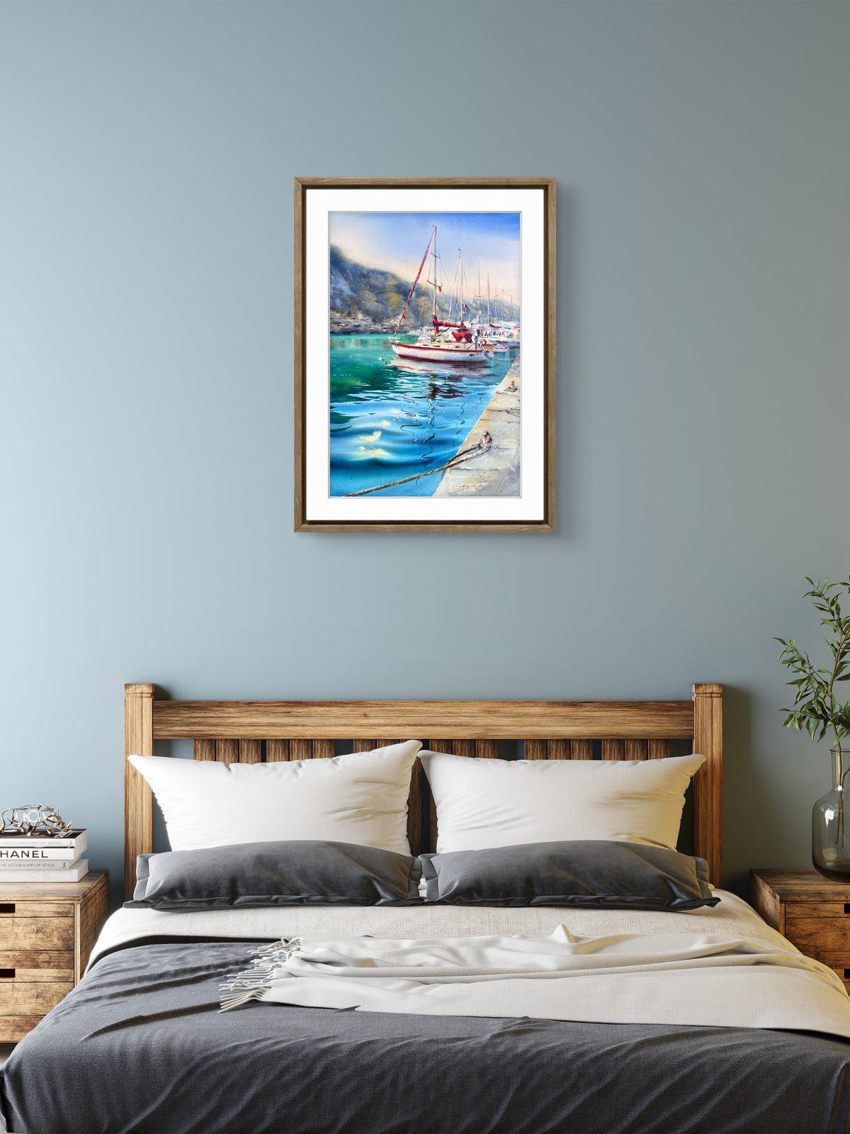 Sailboat Watercolor Painting, Coastal Marina Artwork, Waiting for the Wind #2 15x22 (Copy)