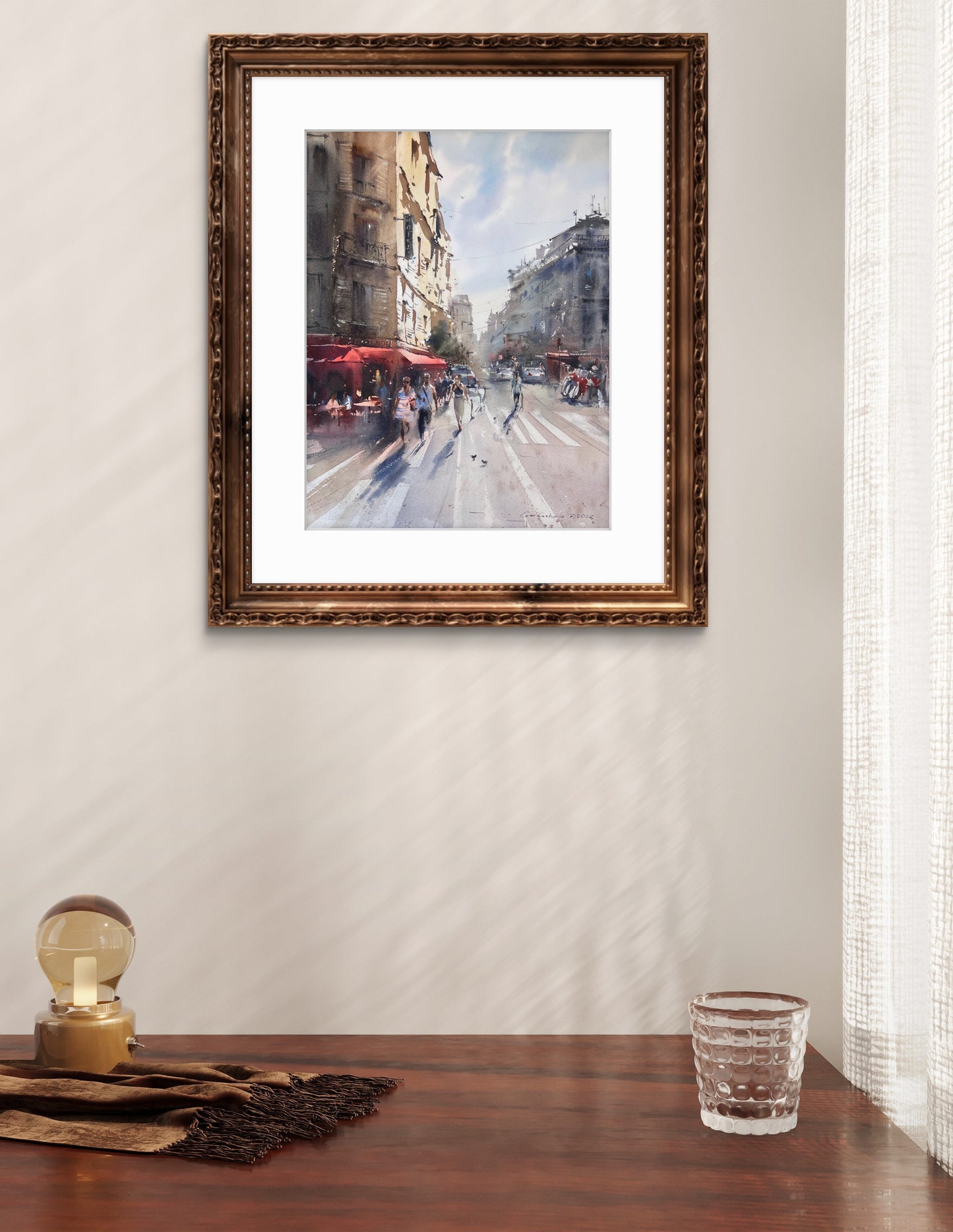 Paris Street Scene Watercolor Painting, The Golden Boulevard of Paris 12x16