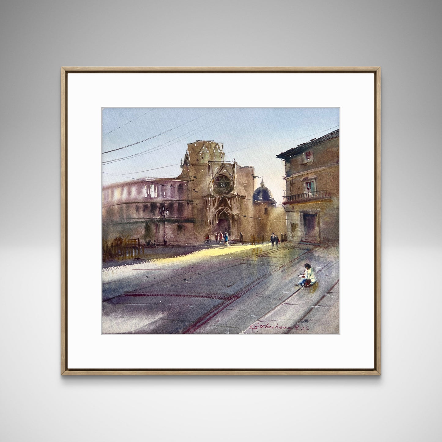Valencia Watercolor Painting, Spain Cityscape Art, Valencia Morning Glow 14x15