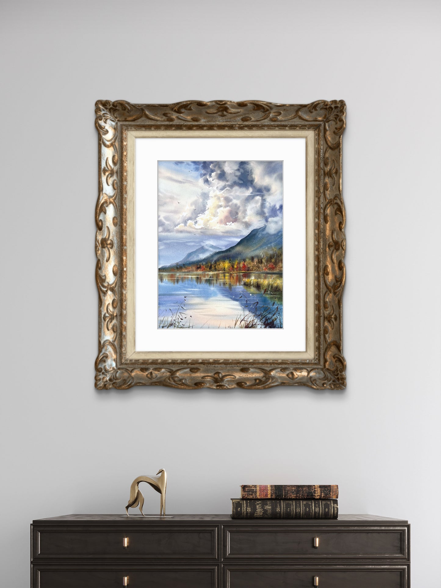 Mountain Lake Watercolor, Autumn Landscape Painting, Autumn Light on the Lake 12x16 in
